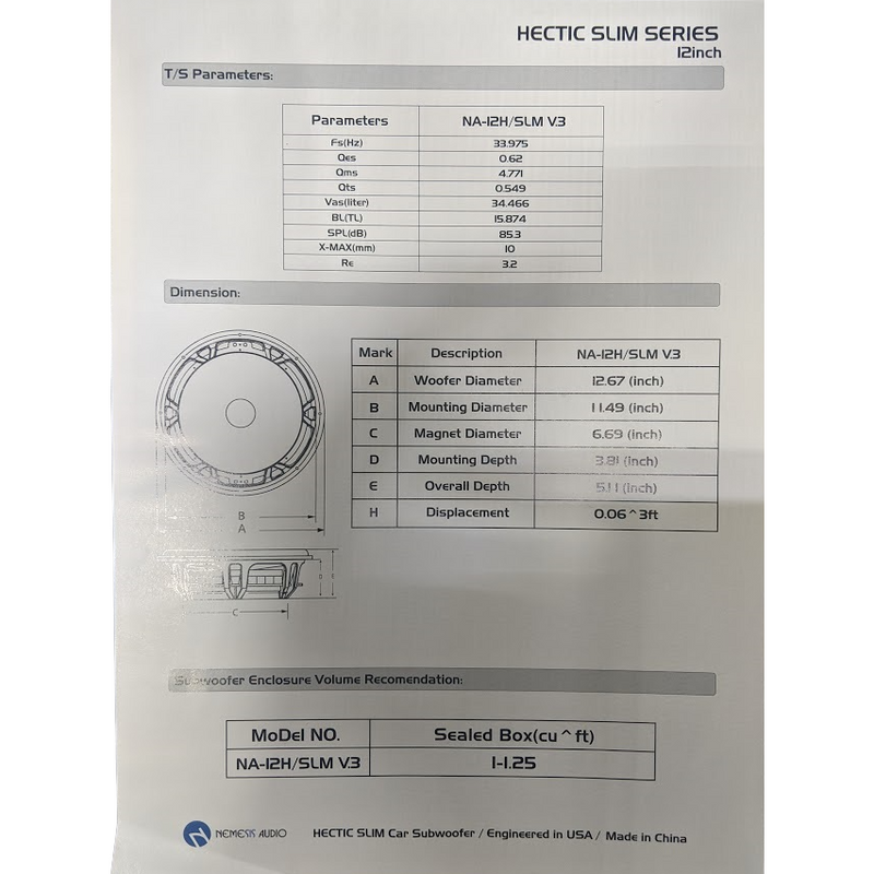 Nemesis Audio NA-12HSLM v.3 12" 800W RMS Shallow Mount Subwoofer DVC 4-Ohm