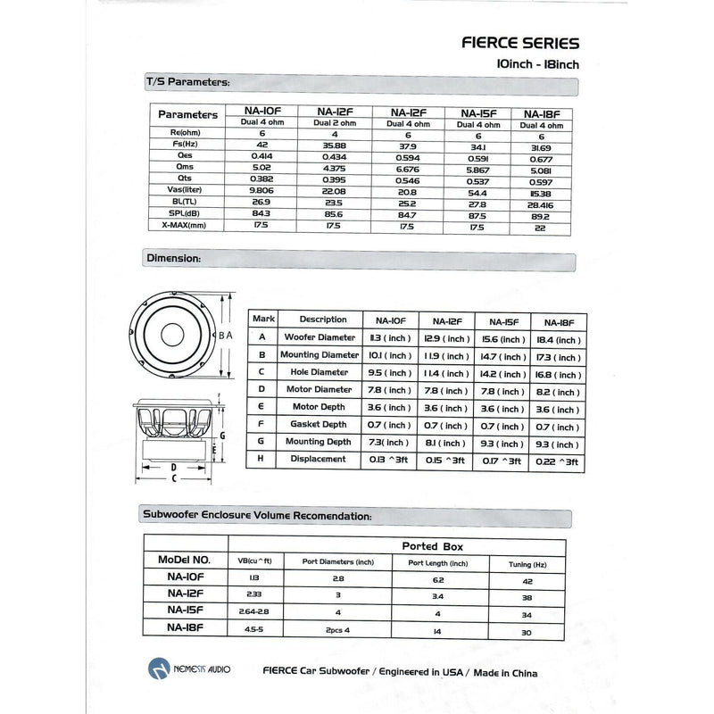Nemesis Audio NA-12F 12" 1000W RMS Subwoofer DVC